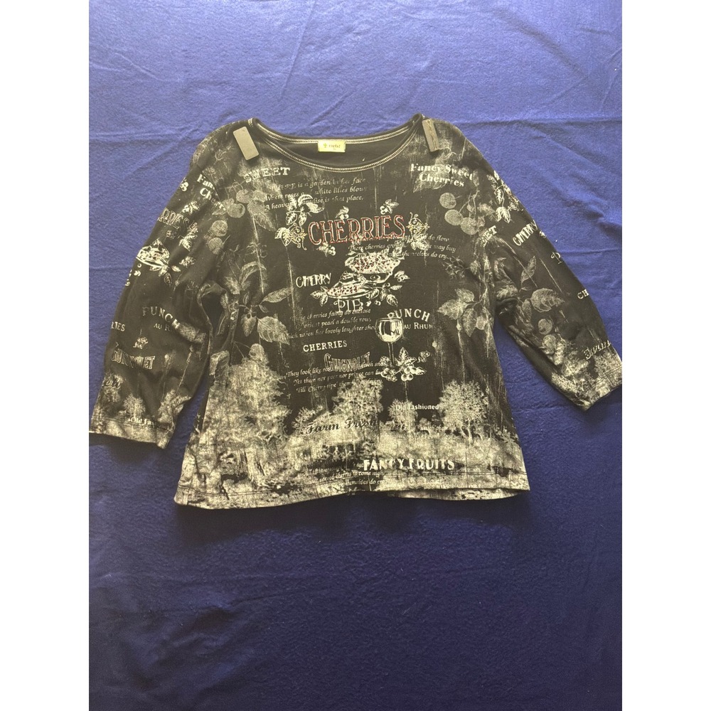 Whimsigoth Womens Cactus Cherries Graphic Top 1X Black 3/4 Sleeve Rhinestone